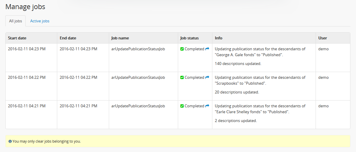 An image of the Jobs page showing completed publication status update jobs