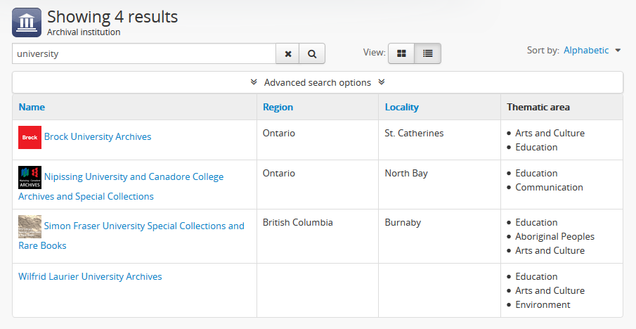 An image of the archival institution search results, table view