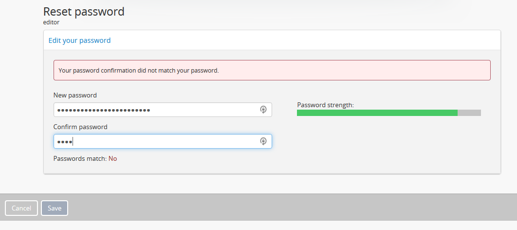 An image of the profile edit page reloaded after a password mismatch