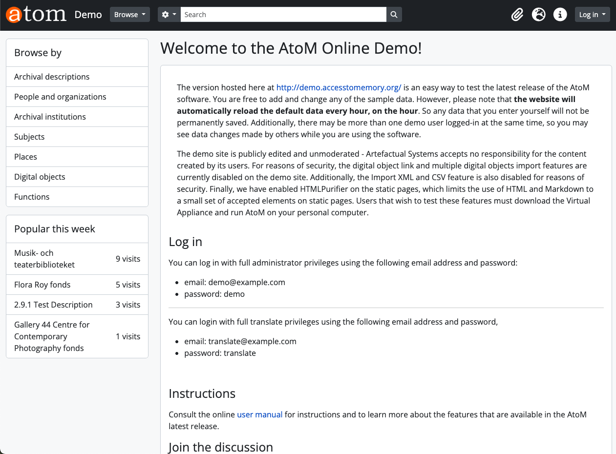 Example of the AtoM demo site home page