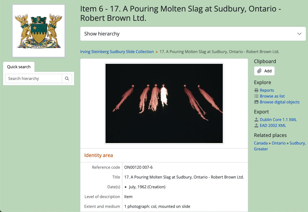 Example of an archival description view page