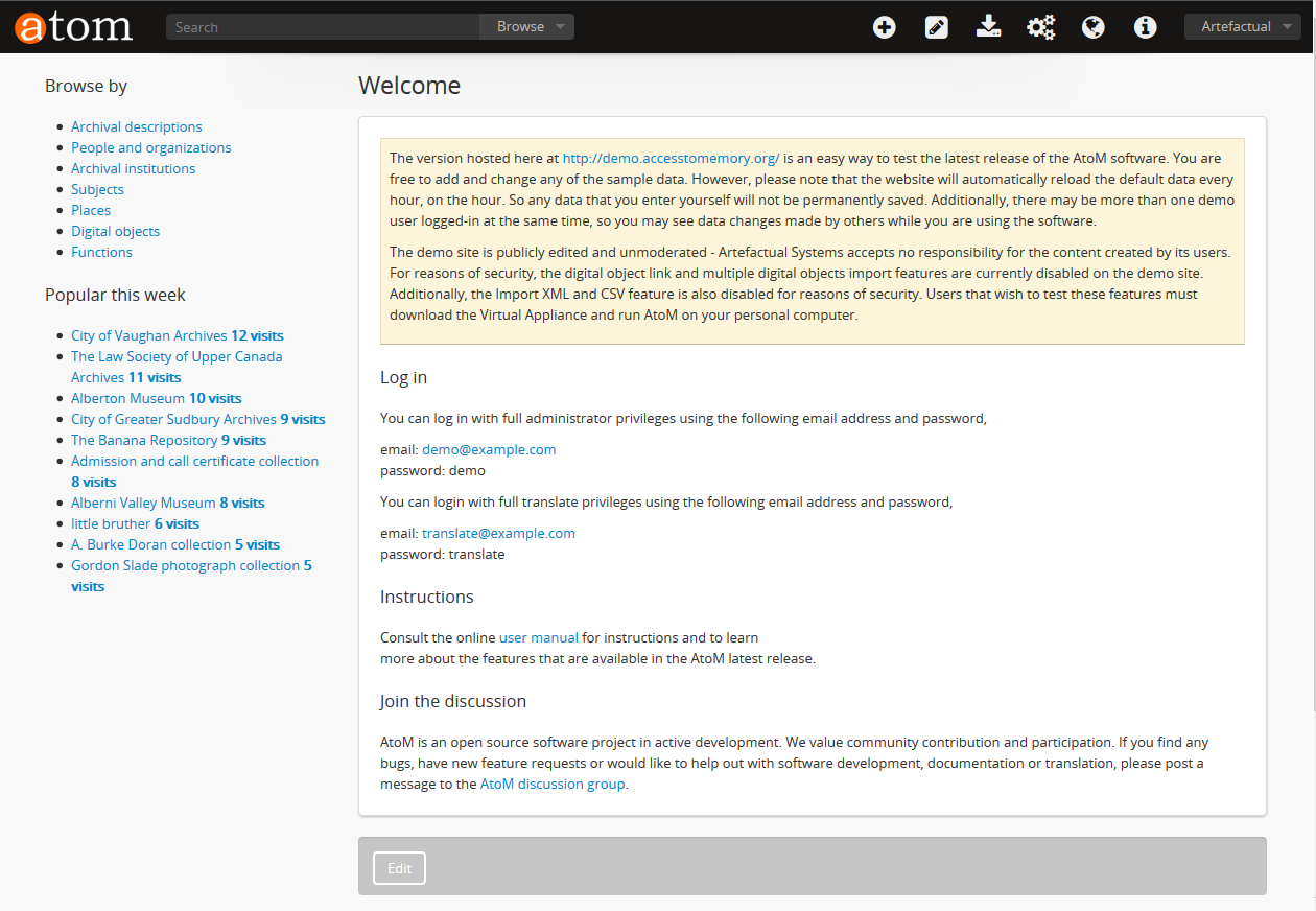 Example of the AtoM demo site home page