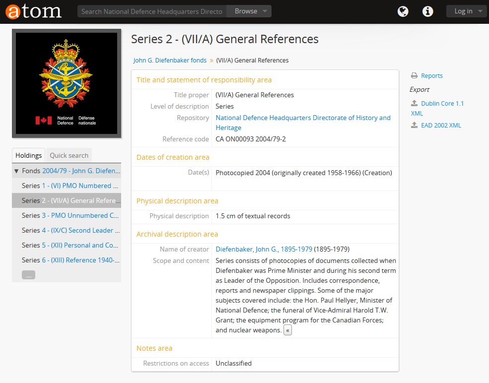 Example of an archival description view page