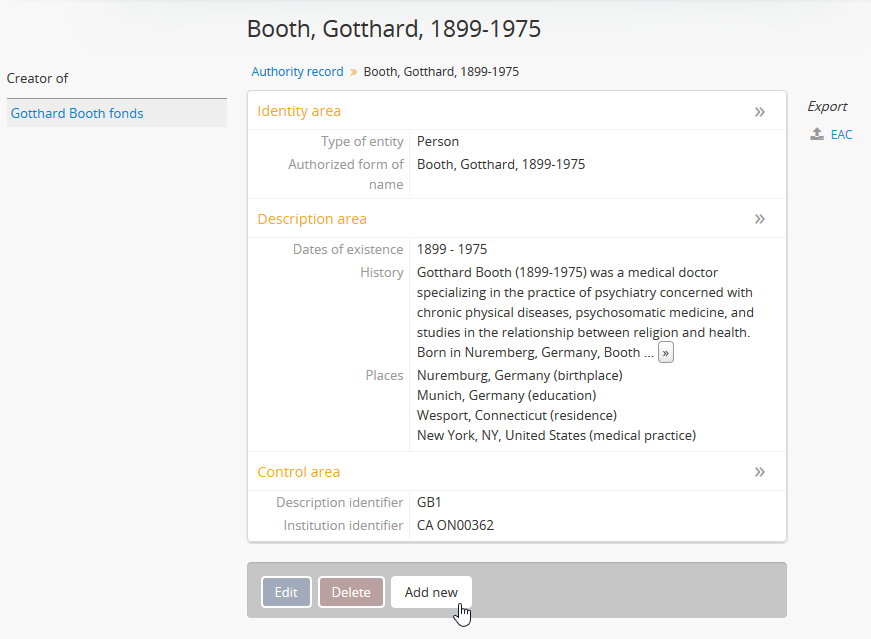 An image of the Add new button on an existing authority record