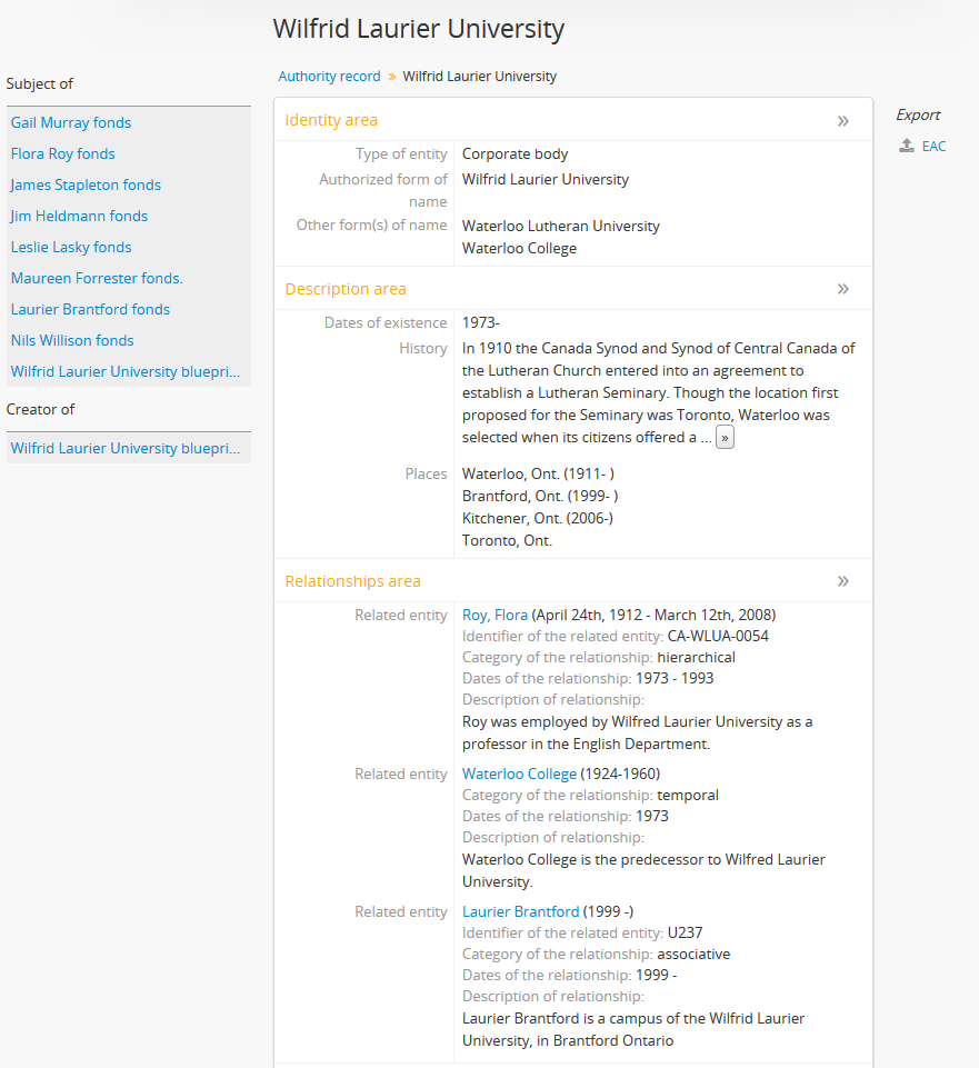 An image of an Authority record in AtoM