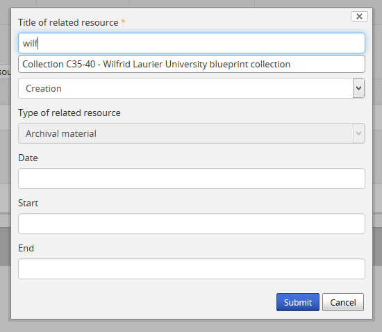 An image of the Relationships dialog in AtoM