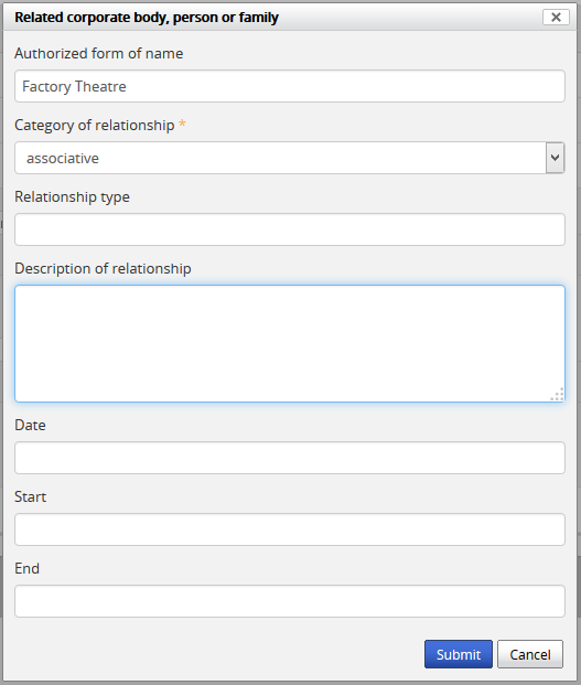An image of the Relationships dialog in an authority record