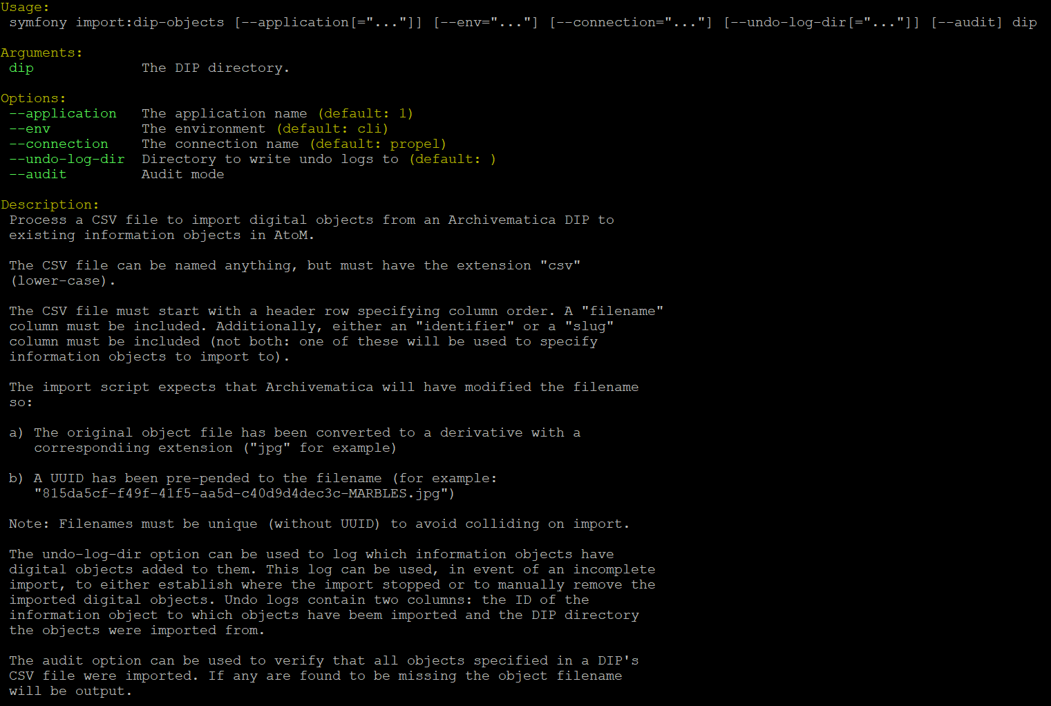 An image of the help page for the DIP object import CLI tool
